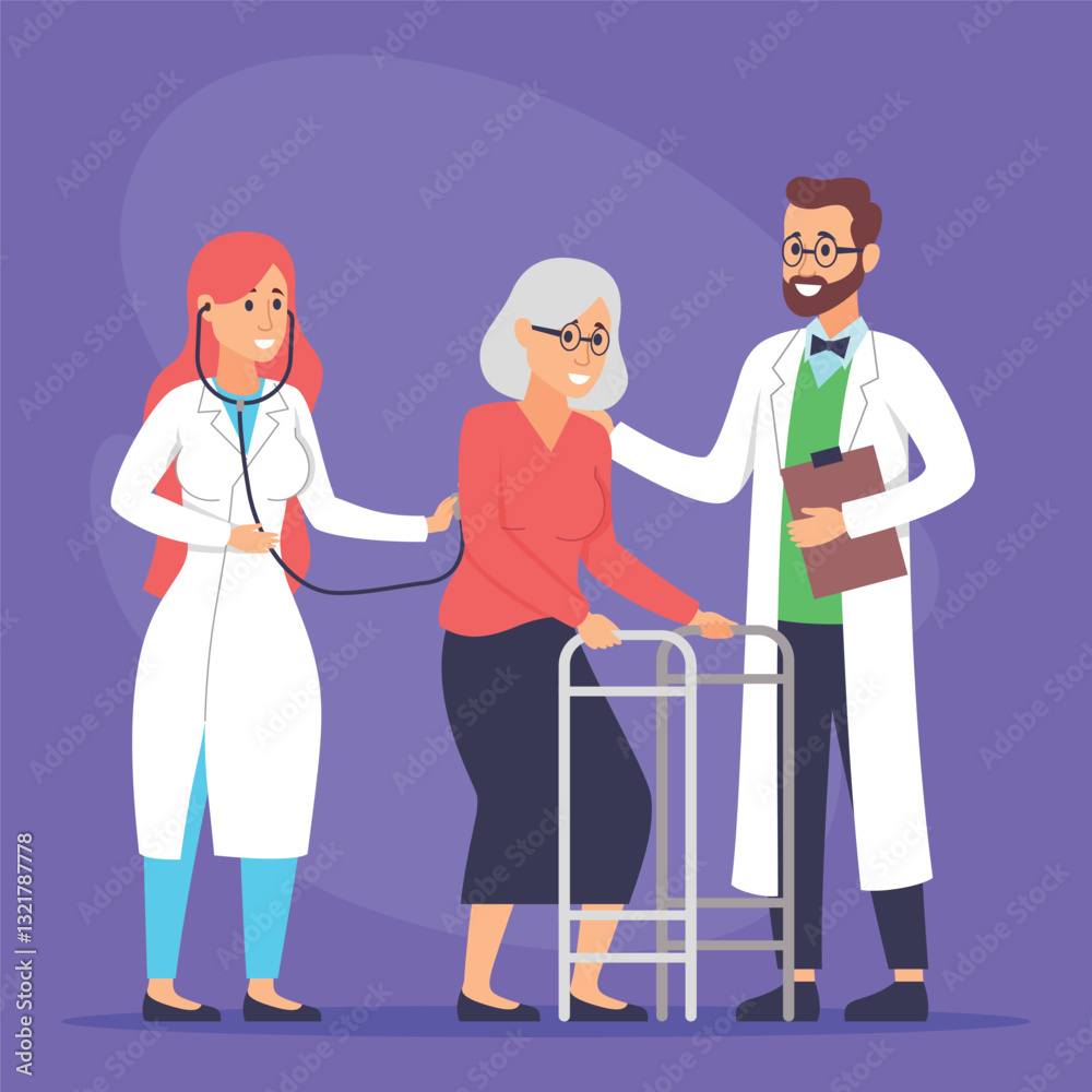 Two healthcare providers helping elderly woman using walker. Woman checking her health with stethoscope, while man offering support and encouragement