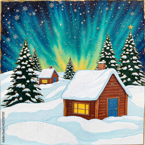 Snowy Cabins Folk Art Aurora