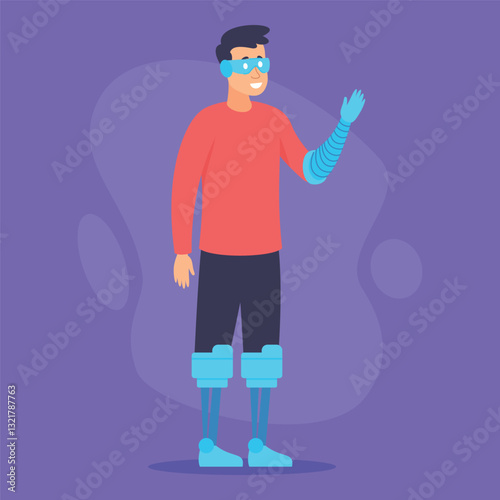 Man smiling and waving energetically. Man wearing red shirt and blue prosthetic limbs. Advancements in health technology and support concept
