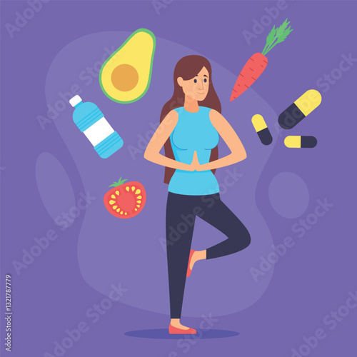 Woman practicing yoga while surrounded by healthy food choices, water, and vitamins. Concept of importance of fitness and nutrition for overall well-being