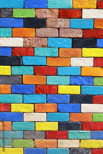 Colorful brick wall background,wallpaper paint with multi colored, beautiful  tile pattern with rainbow