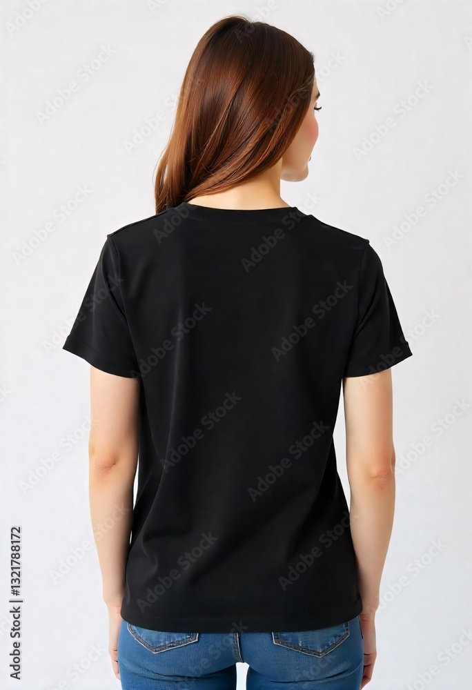 Obraz premium Back view of woman wearing plain black t-shirt, blank apparel mockup, Mockup template for design print