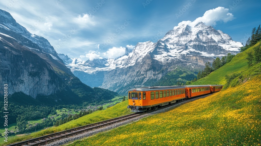 Orange train travels through green field. Mountain view behind. Scenic landscape with snow capped peaks. Clouds in blue sky. Railway transport. Orange train travels through green field. Mountain view behind. Scenic landscape with snow capped peaks. Clouds in blue sky. Railway transport.