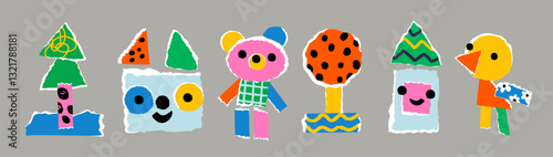 Kids color paper art collages. Bright cardboard pieces with ragged edges. Craft composition. Childish scrapbooking creative hobby. Notepaper tear. Childish applique. Garish vector set