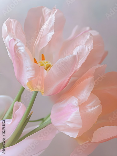 soft pink tulips on sky background. trendy, concept women's day, march, 8th . Wallpaper background. , top view, copy space, spring, summer,  macro
