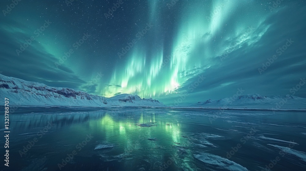 Naklejka premium Winter landscape. Night sky with northern lights. Green light reflecting in water. Cold winter night with mountain and sky.