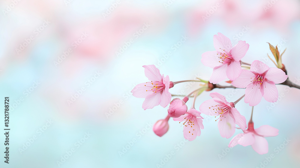 Naklejka premium Delicate pink cherry blossoms blooming on branch, soft pastel blue and pink bokeh background highlighting springtime serenity