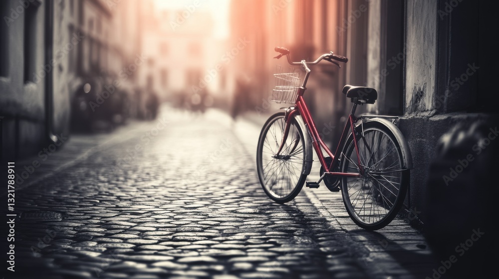 Retro red bike on cobblestone street, timeless charm in monochrome. Retro red bike on cobblestone street, timeless charm in monochrome.