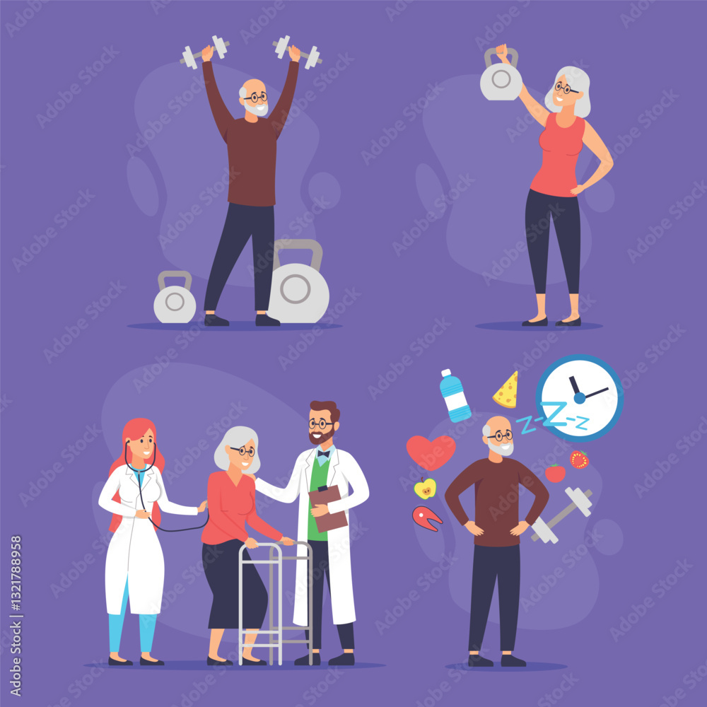 Collection of various activities promoting health in elderly individuals, including exercises, medical consultations, and maintaining balanced lifestyle