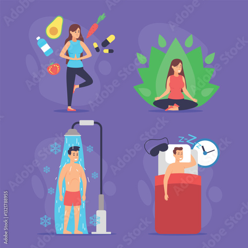 Various health activities promoting physical fitness and mental wellness. From yoga and meditation to cold showers and restful sleep. Balanced lifestyle concept