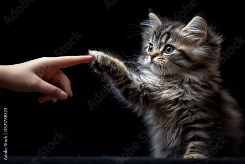 Fluffy kitten playfully batting at a human’s finger with a joyful expression, showcasing cute interaction and adorable behavior between cat and owner