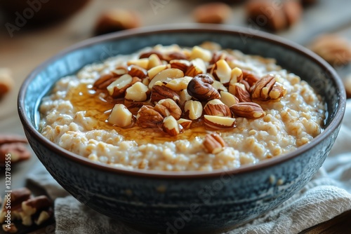 Healthy Breakfast Bowl With Oatmeal, Honey, and Nuts on Wooden Table