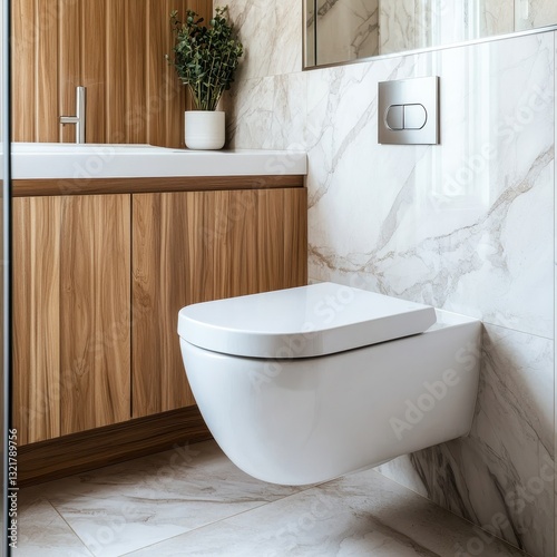 A modern bathroom featuring a stylish wall-mounted toilet, sleek cabinetry, and elegant marble tiles, creating a clean and sophisticated look.