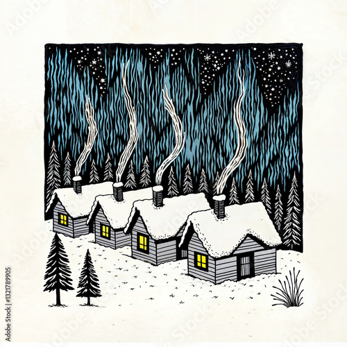 Snow Cabins Scandinavian Aurora Linocut