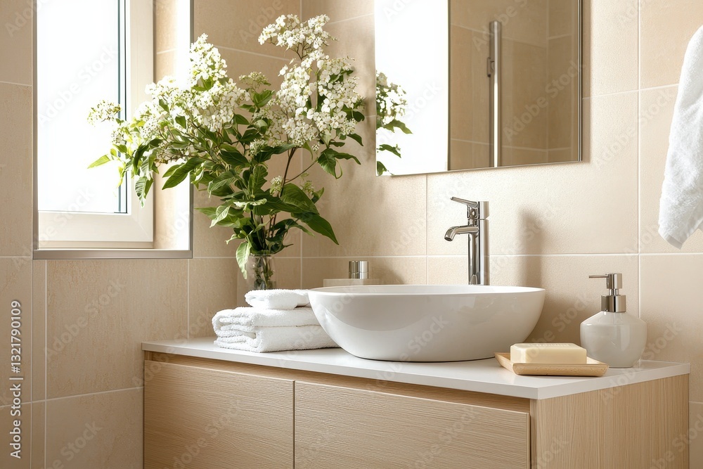 A modern bathroom featuring a stylish sink, light-colored cabinetry, fresh flowers, and natural light from a nearby window, creating a serene ambiance. A modern bathroom featuring a stylish sink, light-colored cabinetry, fresh flowers, and natural light from a nearby window, creating a serene ambiance.