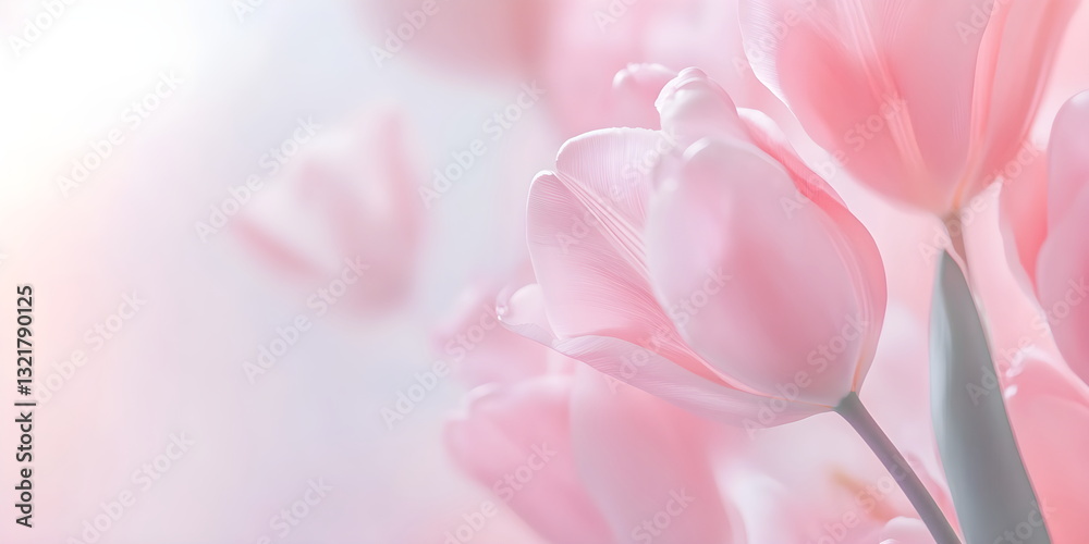 Fototapeta premium soft pink tulips on sky background. trendy, concept women's day, march, 8th . Wallpaper background. , top view, copy space, spring, summer, macro