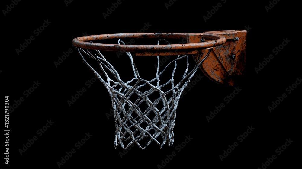 An old, rusted basketball hoop against a dark background, showcasing its worn net and the passage of time. An old, rusted basketball hoop against a dark background, showcasing its worn net and the passage of time.