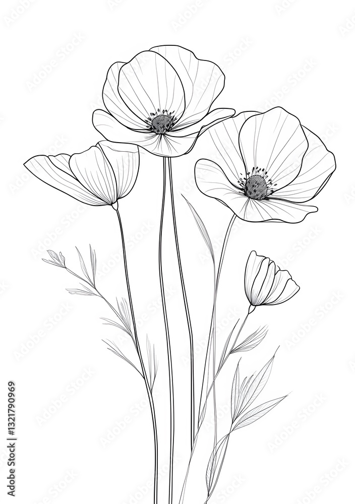 Naklejka premium Beautiful line drawing of wildflowers in bloom