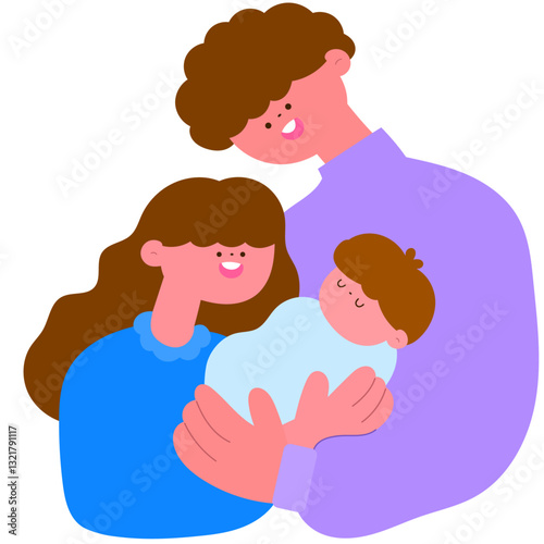 joyful family moment of parent hugging newborn baby, parenthood and love flat vector illustration