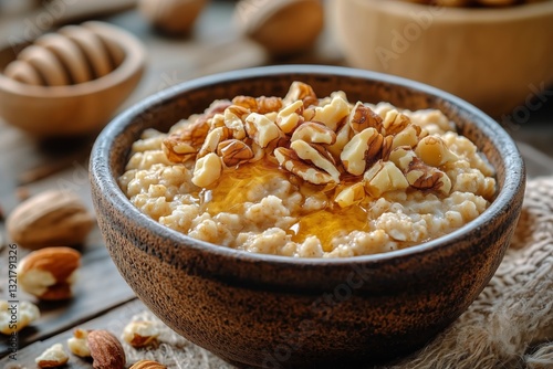 Healthy Breakfast Bowl With Oatmeal, Honey, and Nuts on Wooden Table