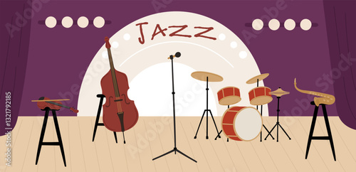 Concert stage. Musical instruments. Double bass, violin and drums. Saxophone for jazz band performance. Singers mic. Music entertainment. Musicians symphony. Vector acoustic orchestra