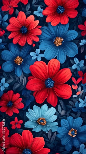 Floral Pattern Featuring Vibrant Red and White Blooms on Dark Background