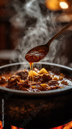 Steaming spoon lifts rich brown stew from cauldron, showcasing hearty meat and potato chunks.  Image depicts rustic cooking, warmth, and home-style food photo