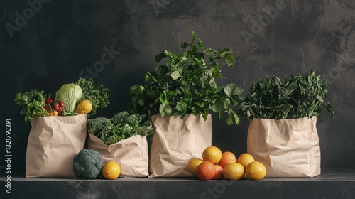 Freshly delivered locally grown fruits and vegetables packed in eco-friendly paper bags or textile shopping bags, zero waste vegetarian nutrition concept