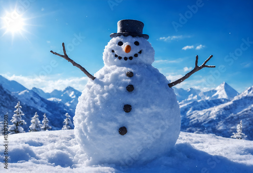 Obraz na płótnie Funny snowman in winter mountain scenery. Merry christmas and happy new year. w salonie