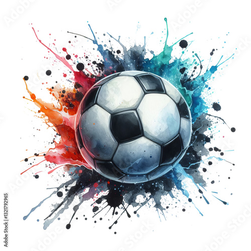 Soccer Ball with CoArtistic soccer ball vector in watercolor, featuring dynamic splashes of color on a transparent background. Perfect for clipart and creative projects.lorful Watercolor Paint Splash.