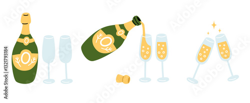 Champagne and glasses. Alcohol bottle. Birthday celebration sparkling drink. Pouring fizzy beverage. Full and empty glassware. Cocktail bar party. Wedding wineglasses. Vector concept
