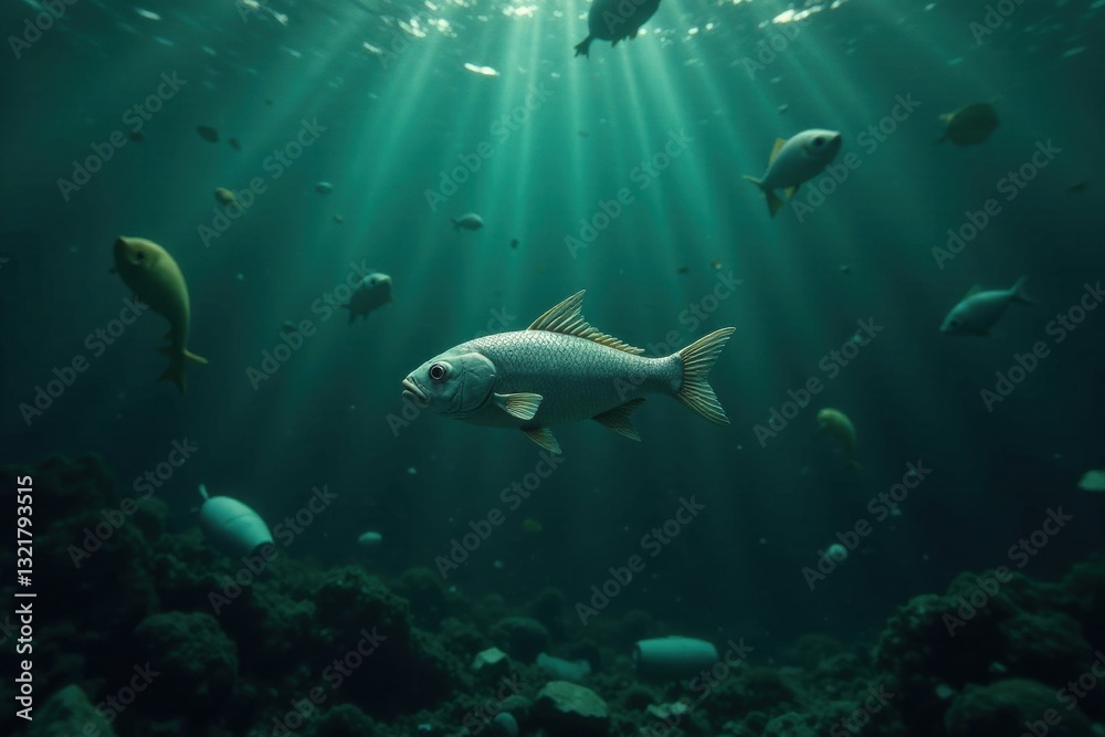 Fototapeta premium Submerged Serenity A Single Fish Illuminated by Sunbeams Piercing the Deep Ocean Depths