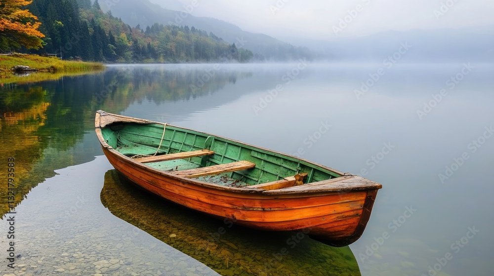 A foggy morning scene with an abandoned wooden boat on the silent edge of a mountain lake. A foggy morning scene with an abandoned wooden boat on the silent edge of a mountain lake.