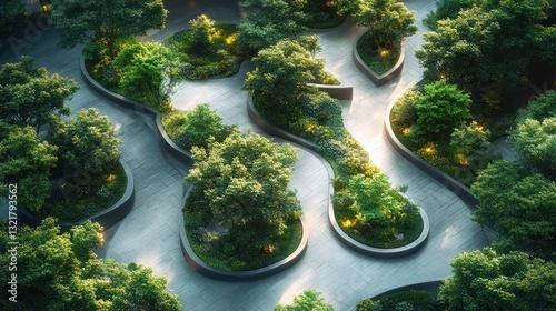 Serene Rooftop Garden: An Aerial View of Lush Greenery and Winding Pathways