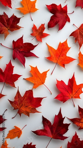 Colorful Autumn Leaves Scattered on a White Surface Celebrating the Change of...