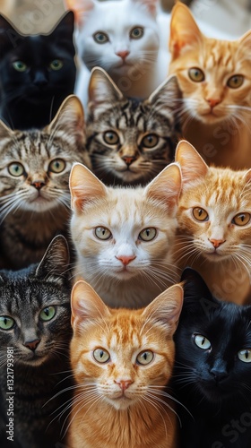 Group of Cats With Various Fur Patterns Observing the Outside World During Da...