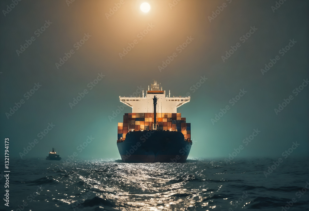 Cargo ship sailing through ocean. Freight transportation.