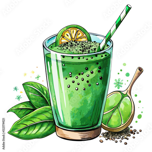 Watercolor Green Smoothie with Spinach and Chia Seeds. Perfect for: Health Awareness Month, Vegan Diet Promotions, Summer