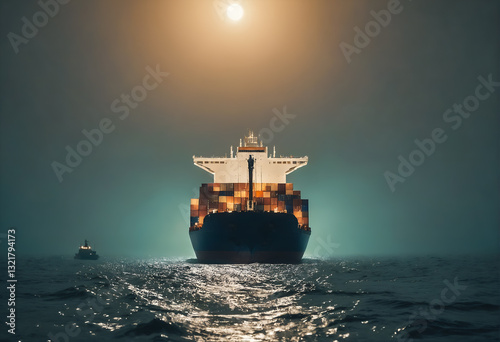 Cargo ship sailing through ocean. Freight transportation.