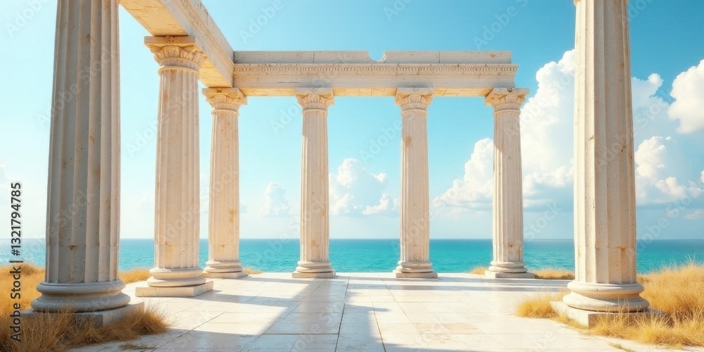 Fototapeta premium Serene Coastal Colonnade A Vision of Classical Architecture and Tranquil Seascape
