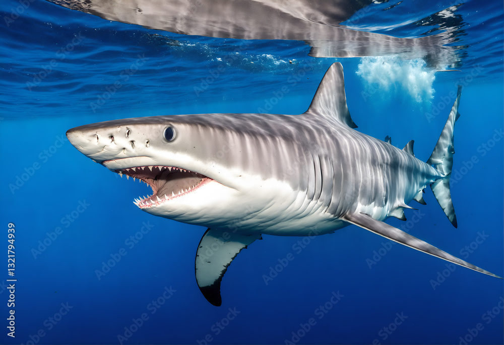 Great white shark in deep blue water.