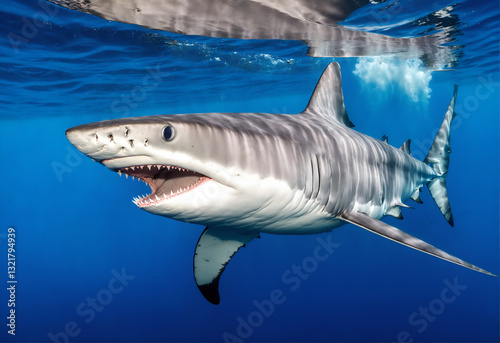 Obraz na płótnie Great white shark in deep blue water. w salonie