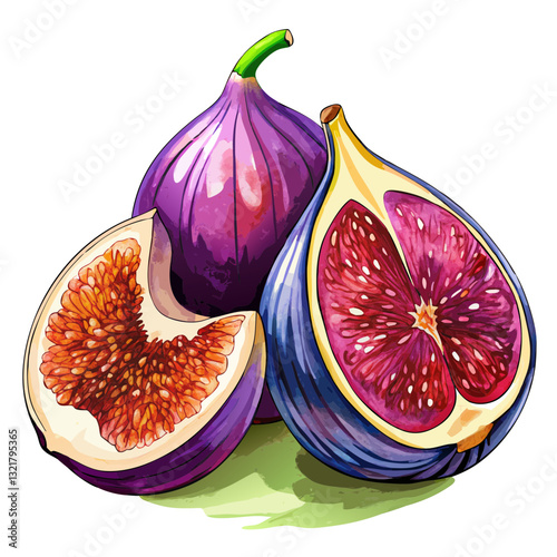 Watercolor Purple Fig with Exposed Rich Pulp and Seeds. Perfect for: Autumn, Mediterranean Food Promotions, Gourmet Campaigns