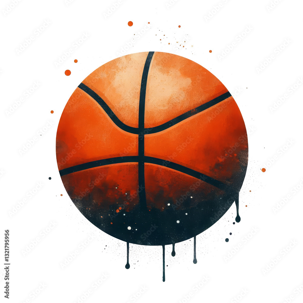Watercolor clipart of a basketball bursting with motion and paint splashes, isolated for use in sports-themed designs and promotional material.