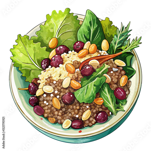 Watercolor Quinoa Salad with Kale, Raisins, and Nuts. Perfect for: Health Awareness Month, Vegan Campaigns, Autumn