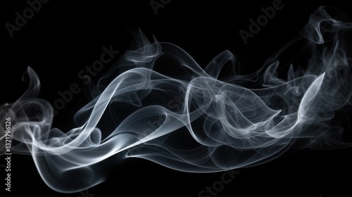 Abstract digital particles forming a smooth wave of white smoke on a dark background