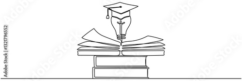 Lightbulb and graduation cap on stack of books continuous line drawn. Creative smart idea symbol. Vector illustration isolated on white.	