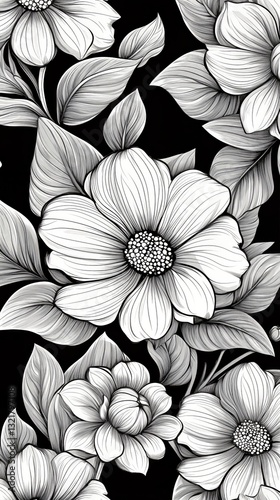 Black and White Floral Design Featuring Intricate Patterns and Detailed Flowers