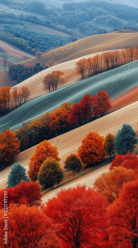 Autumn Landscape With Vibrant Colors in Rolling Hills Under Soft Light