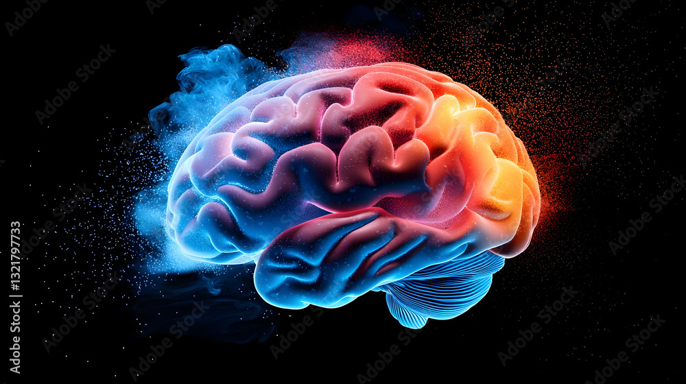 Obraz premium A 3D Rendering of A Human Brain Illuminated by Vibrant Hot and Cold Colorful Lights Against A Dark Background